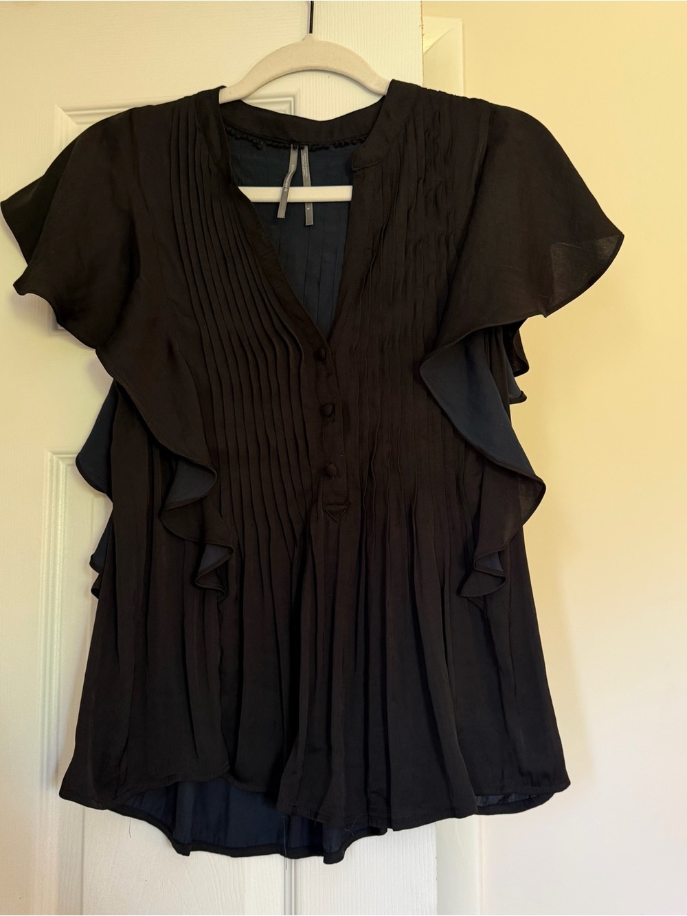Anthropologie Black and Navy Ruffled Flutter Sleeve Women's Top